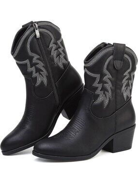 Women’s Black Cowboy Boots Western Stitching Side Zip Block Heel Boots
